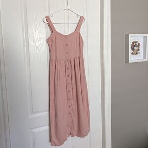 Pink Linen Blend Button-Down Midi Dress (Size Small)